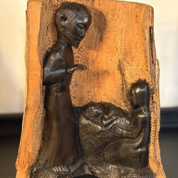 African Wooden Hand Carved Holy Family Makonde Ebony Sculpture Nativity 10x8” - Picture 1 of 9